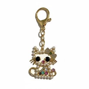 Gold Cat Key Chain with Pearls and Gems